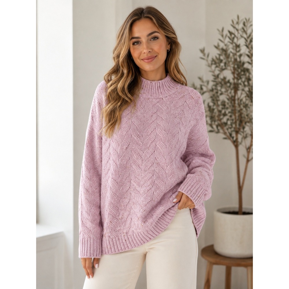 Joie Womens Pink Cable Knit Mock Neck Wool Blend Tweed Sweater Large NWT